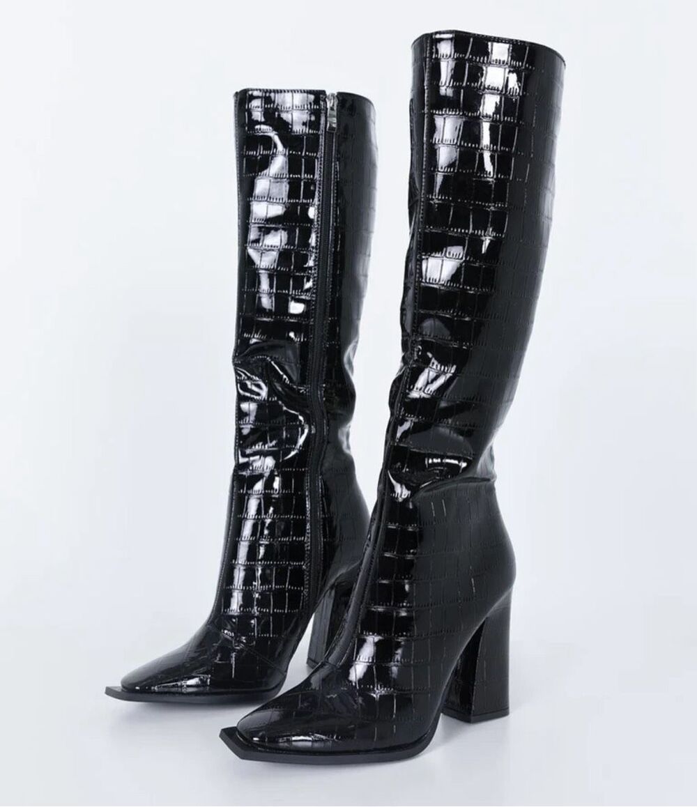 Princess Polly MERCURY Crocodile Heeled BOOTS Black Size 8 Square Toe
